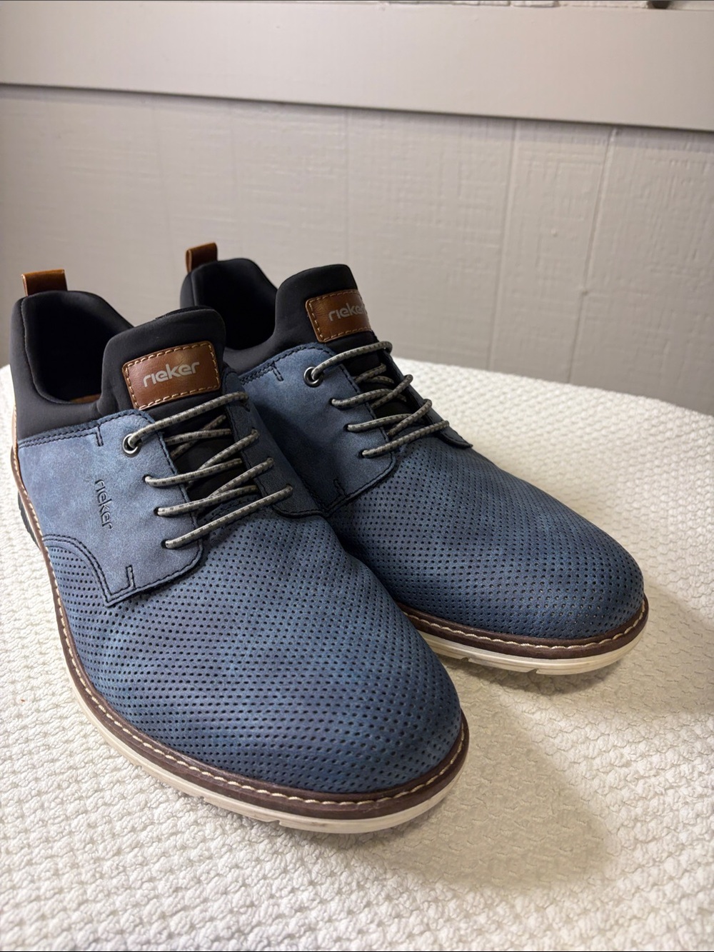 Rieker Men Dustin 14450 Blue PerforateLeather Shoes Bungee Lace Size 44 US 10.5